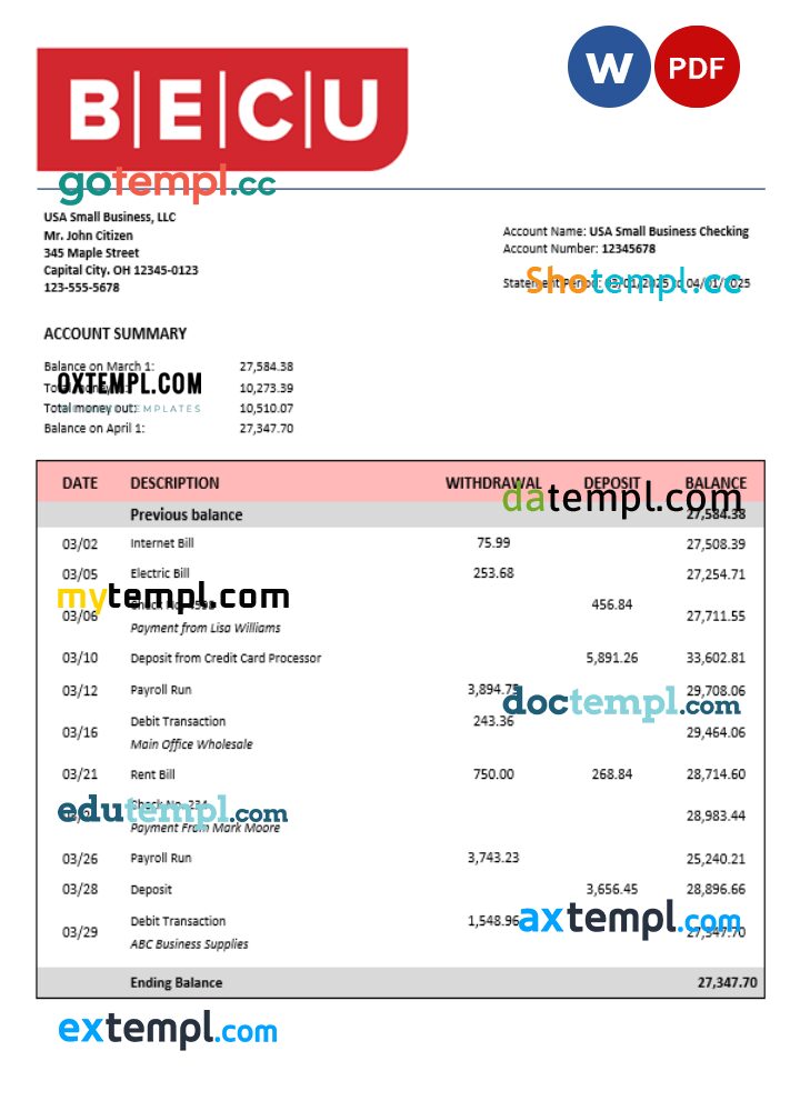 BECU business bank statement Word and PDF format