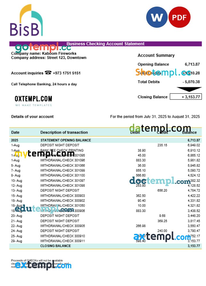 BISB business bank company account statement Word and PDF format