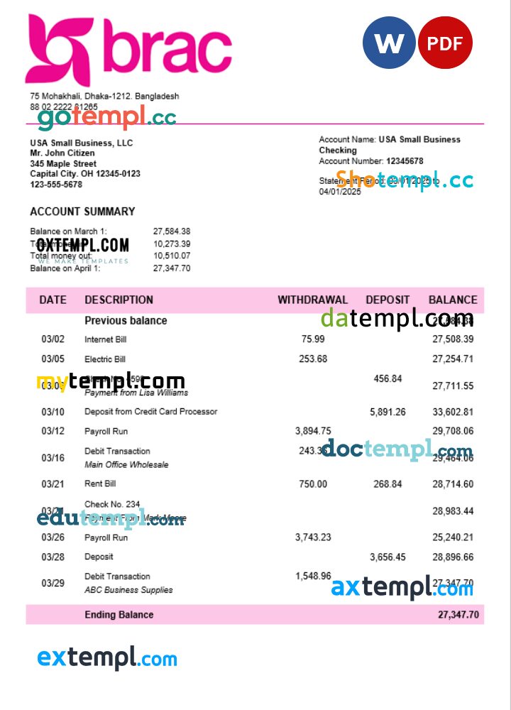 BRAC corporate checking account statement Word and PDF template