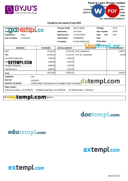 Capgemini Technology Services India payslip template in Word and PDF formats