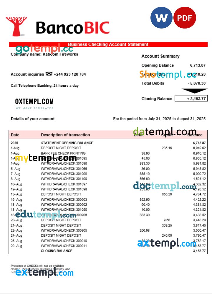 Banco BIC business account statement Word and PDF template