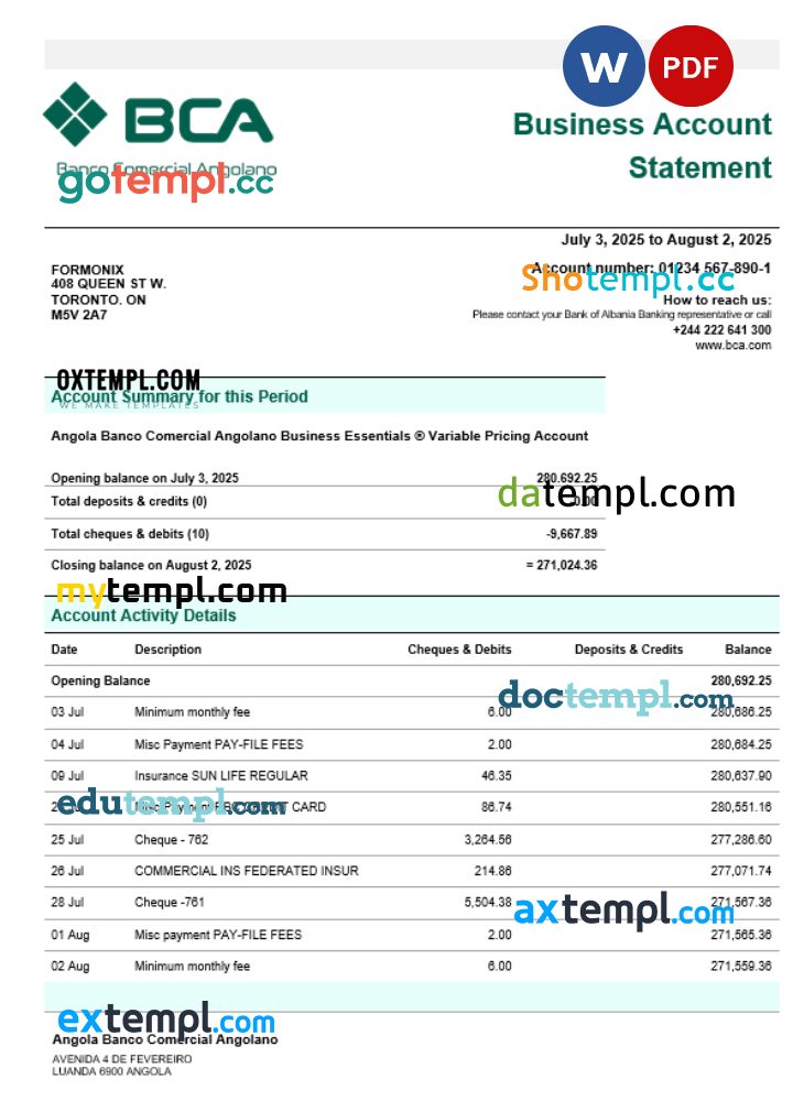 Banco Comercial Angolanno company checking account statement Word and PDF template