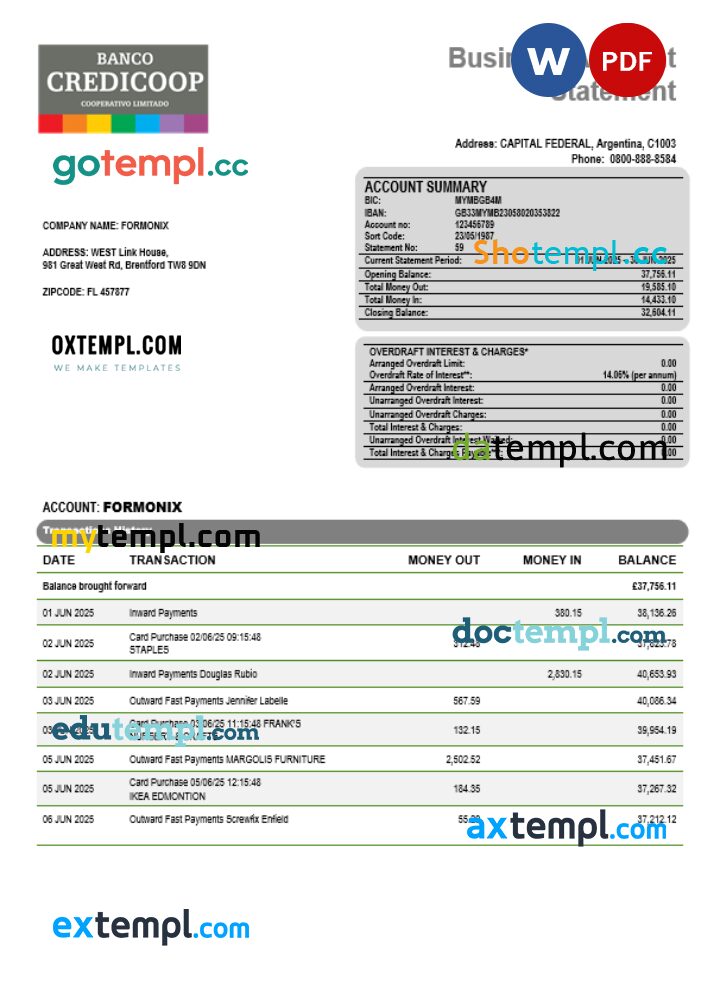 Banco Credicoop business bank statement Word and PDF format