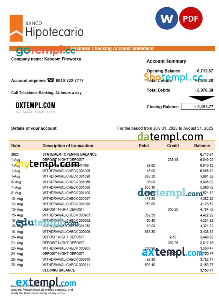 Banco Hipotecario company statement Word and PDF format