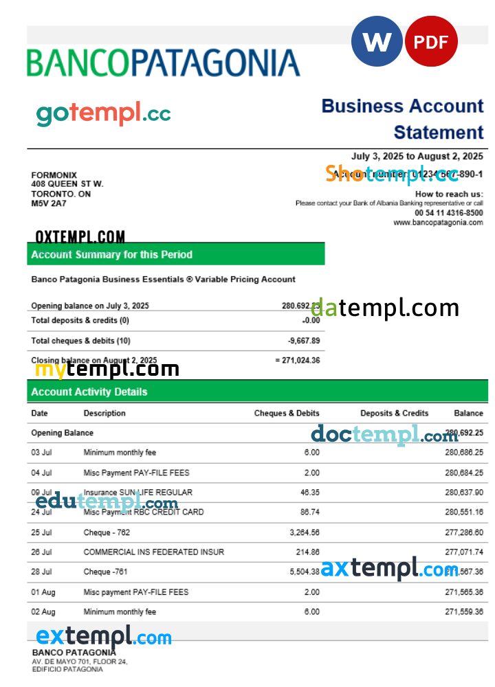 Banco Patagonia business bank statement Word and PDF format