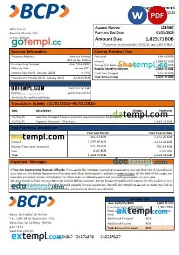 Banco de Credito Bolivia bank mortgage statement, editable template in PDF and Word