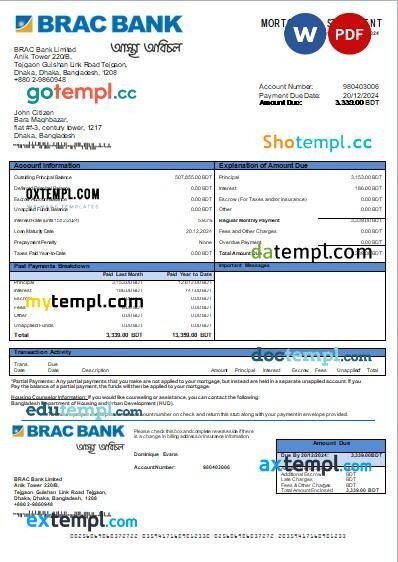 Bangladesh BRAC Bank bank mortgage statement, editable template in PDF and Word