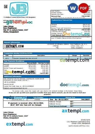 Bangladesh Janata bank mortgage statement, editable template in PDF and Word