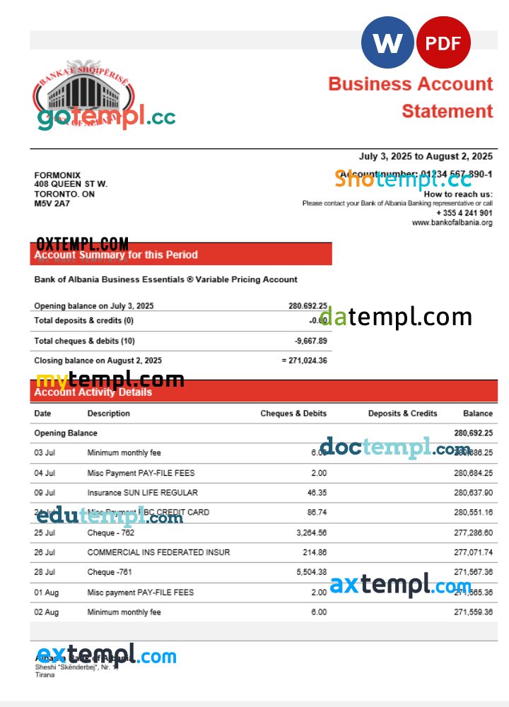 Bank of Albania business account statement Word and PDF template