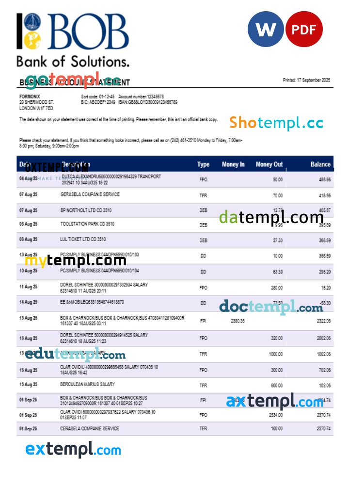 Bank of Bahamian firm account statement Word and PDF template