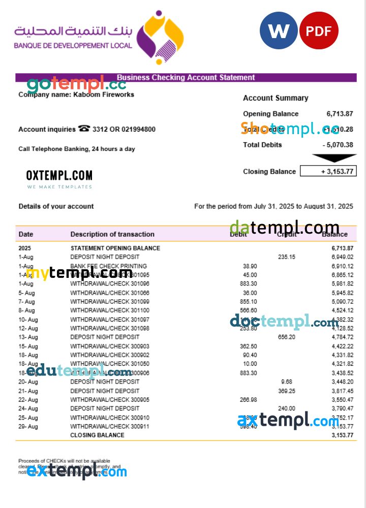 Banque de Developement Local (BDL) business statement Word and PDF template