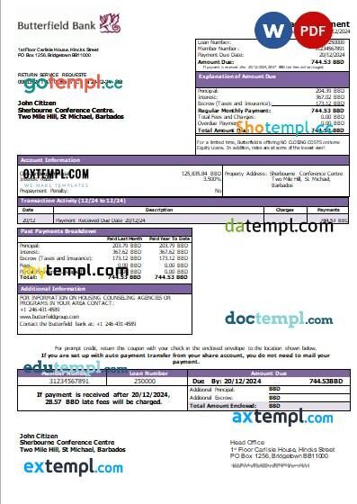 Barbados Butterfield bank mortgage statement, editable template in PDF and Word