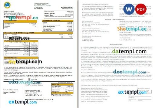 Barbados Caribbean Development bank mortgage statement, 2 pages, editable template in PDF and Word