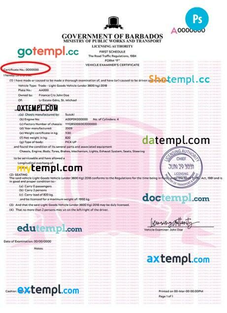 Barbados vehicle registration certificate in PSD format