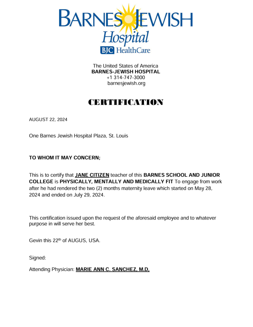 Barnes-Jewish Hospital certification template in Word and PDF formats