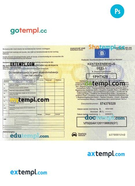 Belgium vehicle registration certificate in PSD format, version 2