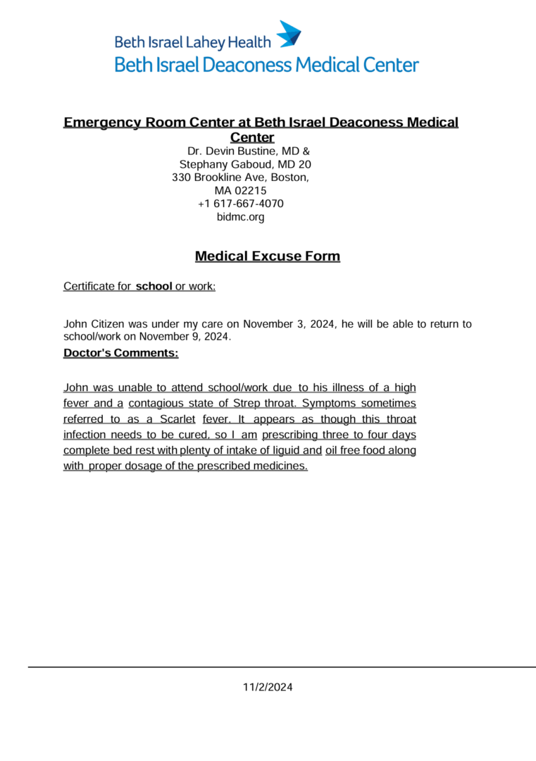 Beth Israel Deaconess Medical Center medical excuse template in Word and PDF formats