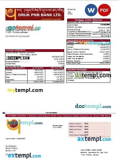 Bhutan Druk PNB bank mortgage statement, editable template in PDF and Word