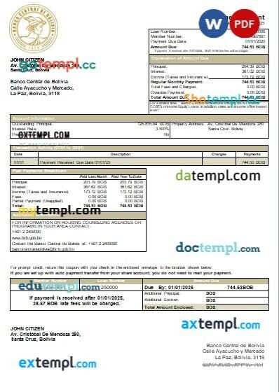 Bolivia Banco Central de Bolivia bank mortgage statement, editable template in PDF and Word