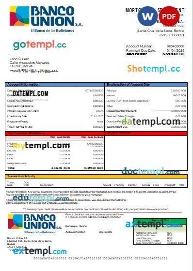 Bolivia Banco Union bank mortgage statement, editable template in PDF and Word