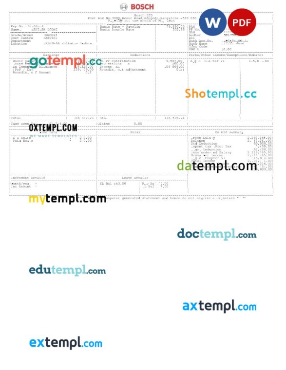 Capgemini Technology Services India payslip template in Word and PDF formats