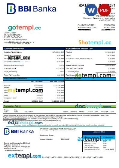 Bosnia and Herzegovina BBI Bank bank mortgage statement, editable template in PDF and Word