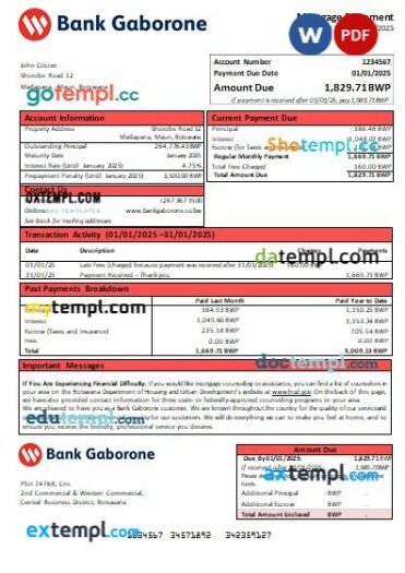 Botswana Bank Gaborone bank mortgage statement, editable template in PDF and Word