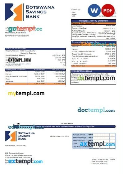 Botswana Savings bank mortgage statement, editable template in PDF and Word