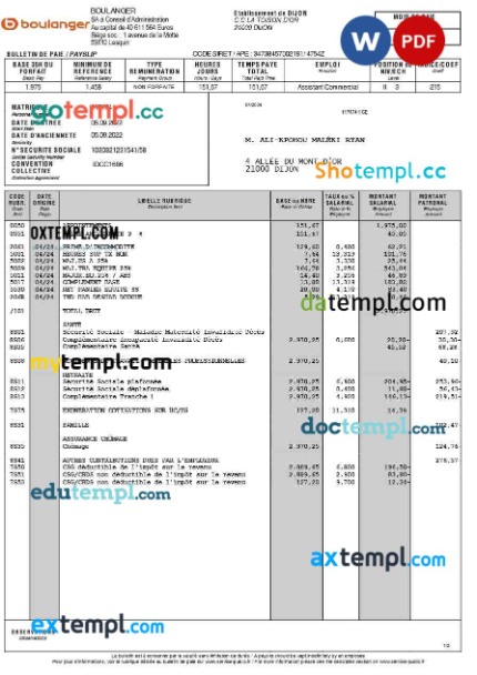 Boulanger payslip (in French language) template in Word and PDF formats