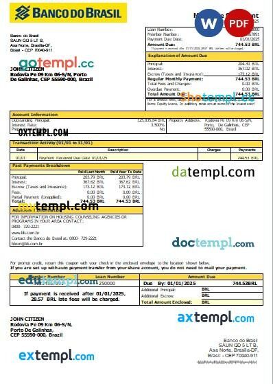 Brazil Banco do Brasil bank mortgage statement, editable template in PDF and Word