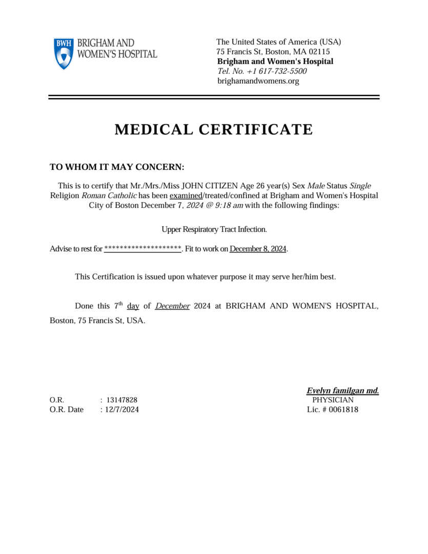 Brigham and Women’s Hospital medical certificate template in Word and PDF formats