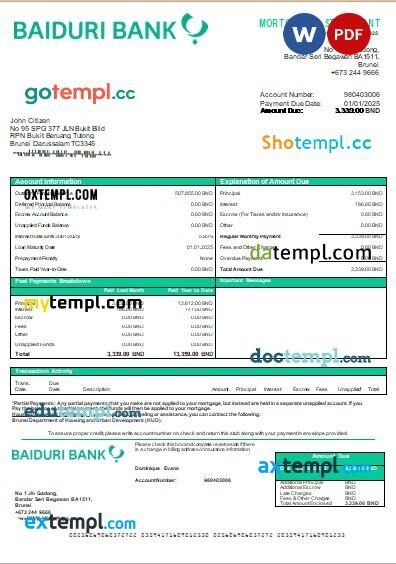 Brunei Baiduri bank mortgage statement, editable template in PDF and Word