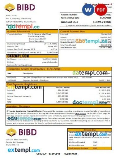 Brunei Bank Islam Brunei Darussalam bank mortgage statement, editable template in PDF and Word