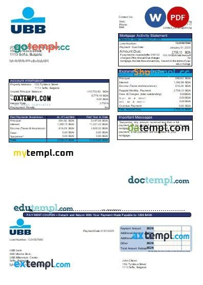 Bulgaria UBB bank mortgage statement, editable template in PDF and Word