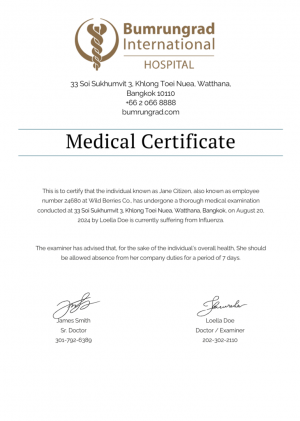 Bumrungrad International Hospital medical certificate template in Word and PDF formats
