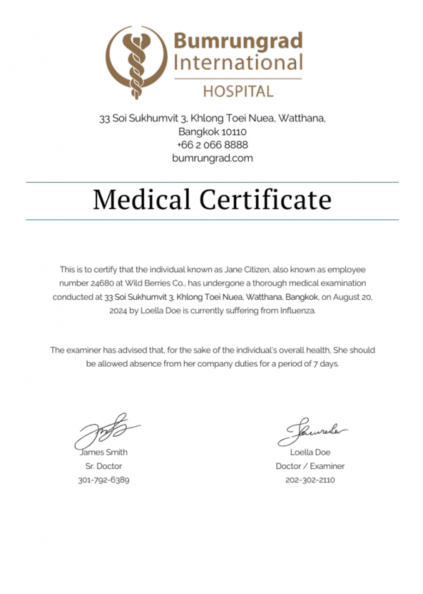 Bumrungrad International Hospital medical certificate template in Word and PDF formats