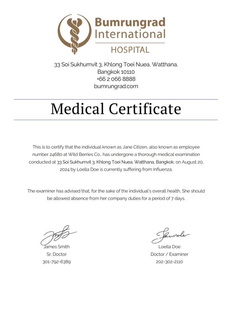 Bumrungrad International Hospital medical certificate template in Word and PDF formats