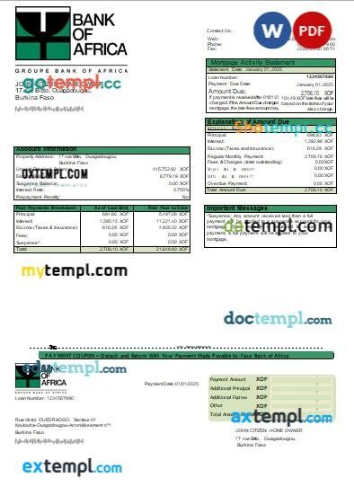 Burkina Faso Bank of Africa bank mortgage statement, editable template in PDF and Word