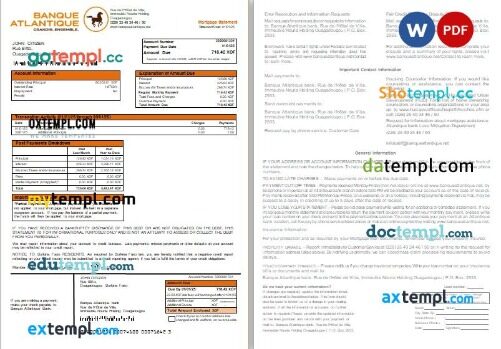 Burkina Faso Banque Atlantique bank mortgage statement, 2 pages, editable template in PDF and Word