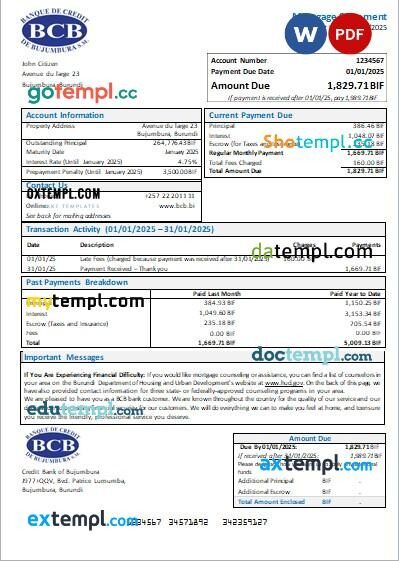 Burundi Credit Bank of Bujumbura bank mortgage statement editable template in PDF and Word