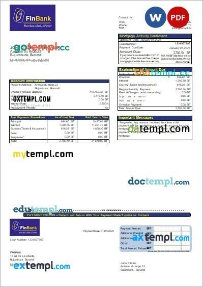 Burundi Finbank bank mortgage statement editable template in PDF and Word