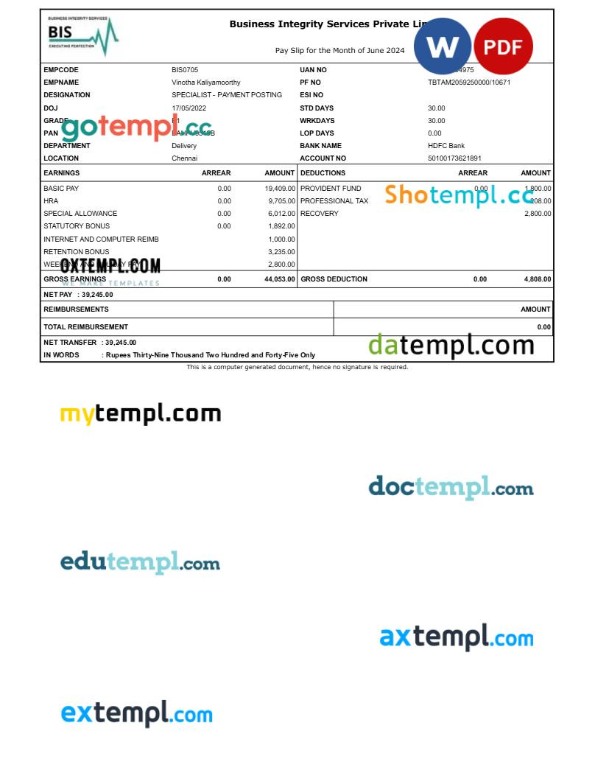 Capgemini Technology Services India payslip template in Word and PDF formats