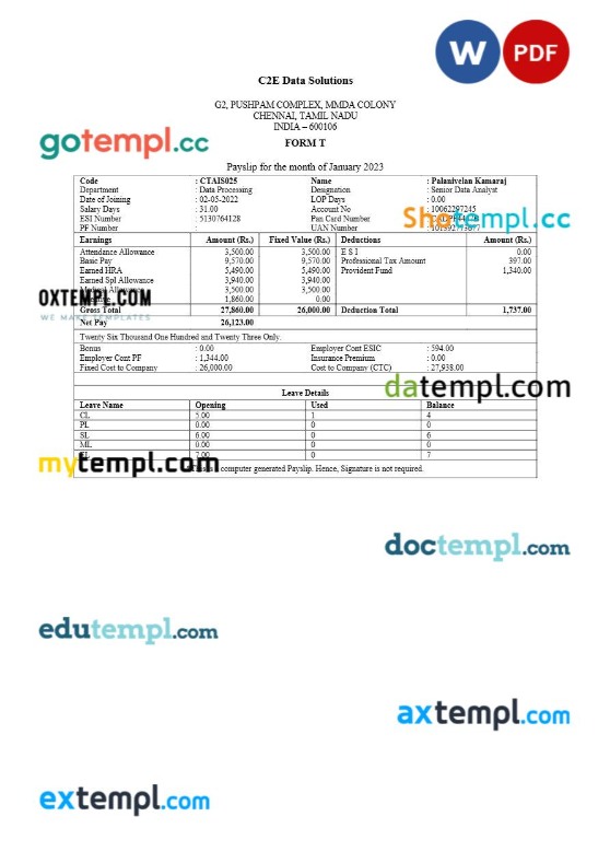 C2E Data Solutions payslip template in Word and PDF formats