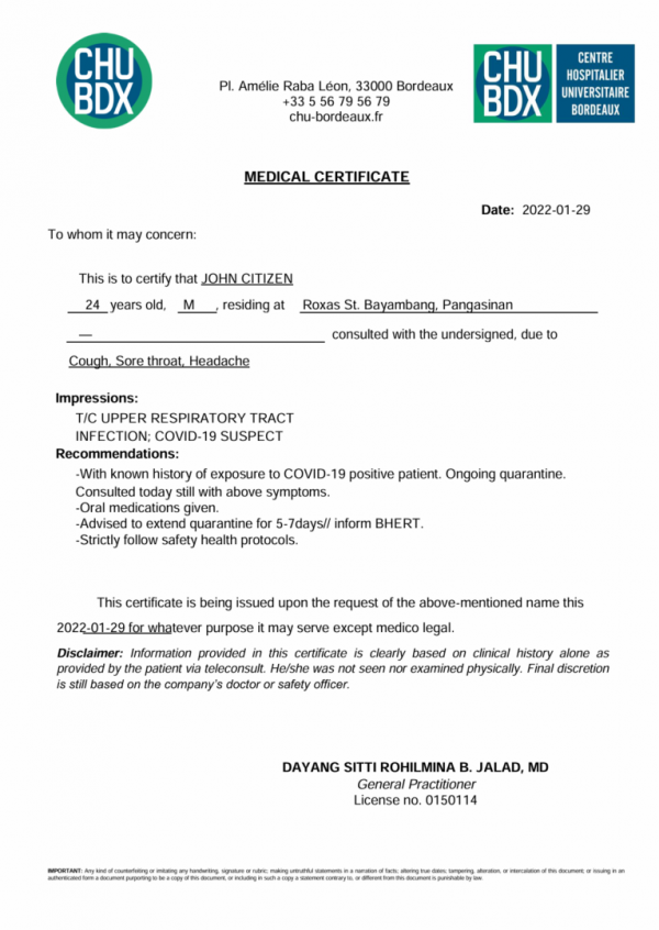 CHU Bordeaux medical certificate template in Word and PDF formats