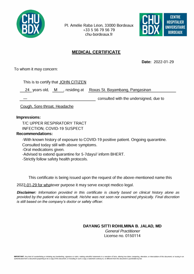 CHU Bordeaux medical certificate template in Word and PDF formats