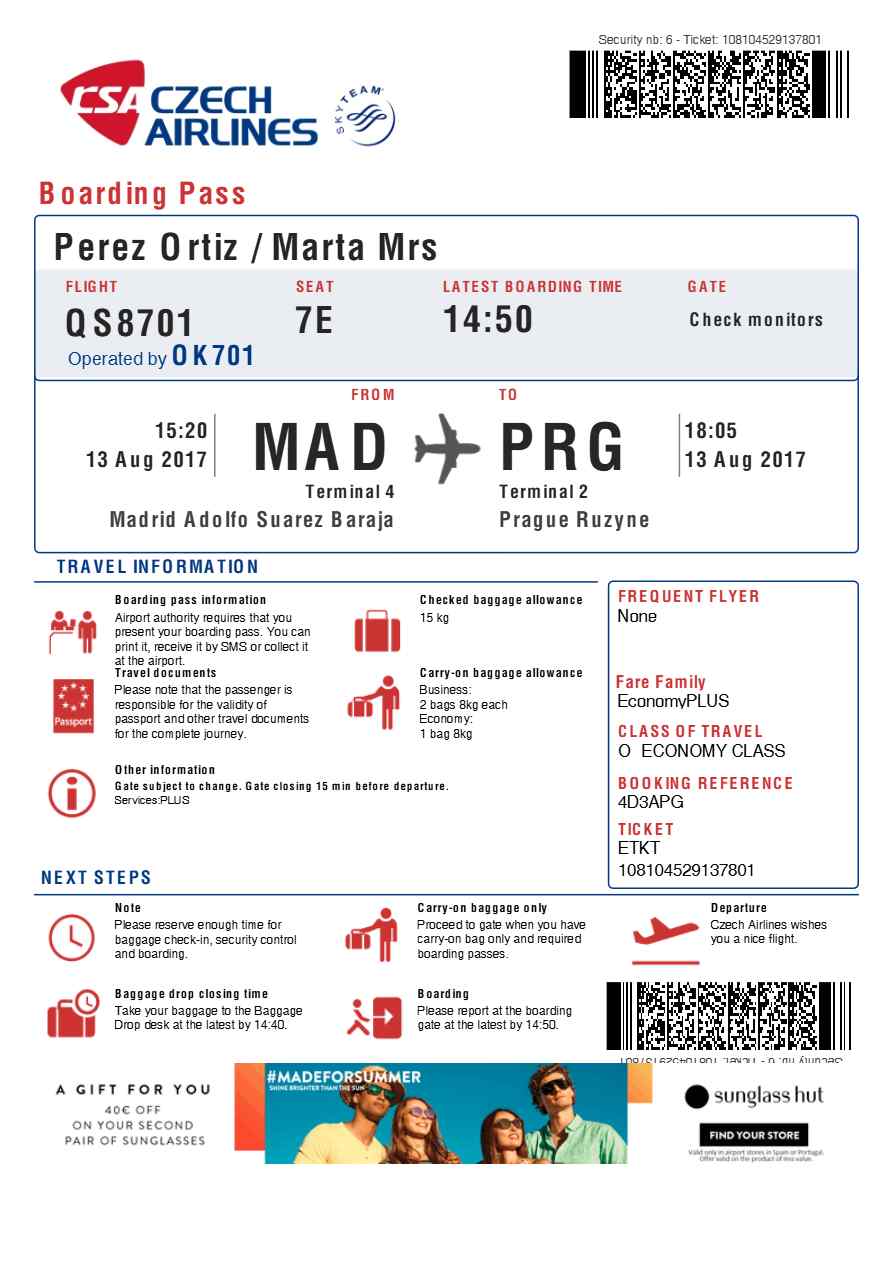 CSA Czech Airlines boarding pass in Word and PDF formats