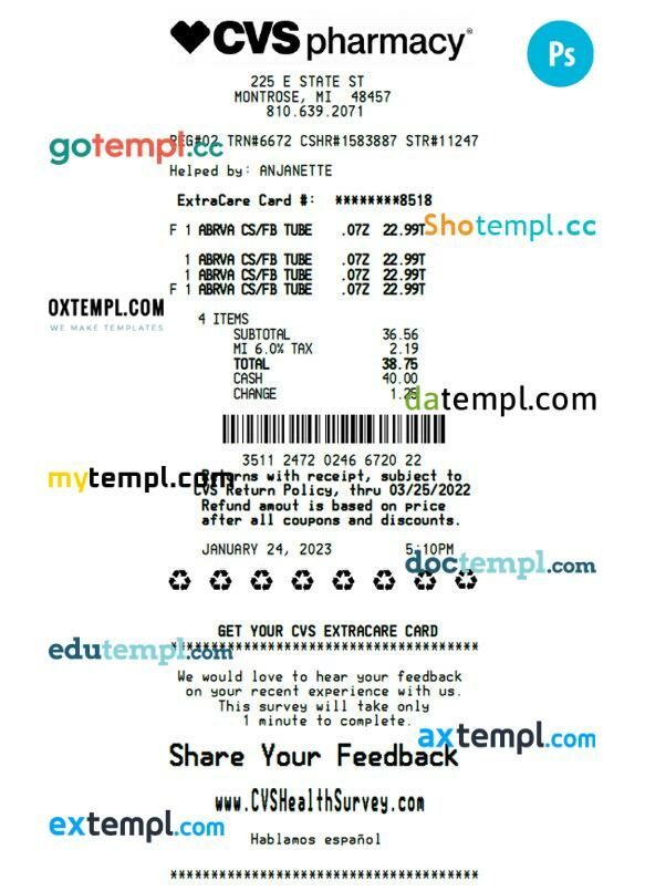 CVS pharmacy receipt PSD template