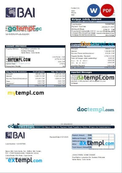 Cabo Verde Banco Africano de Investimentos bank mortgage statement editable template in PDF and Word