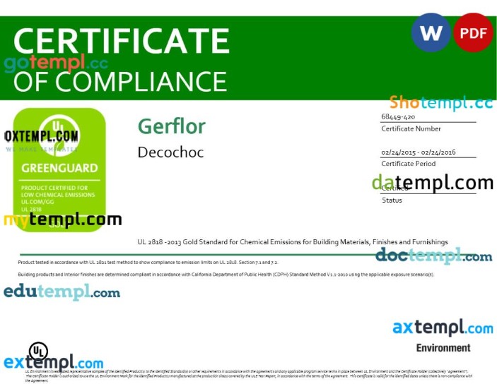 California Greenguard product certificate editable template in Word and PDF