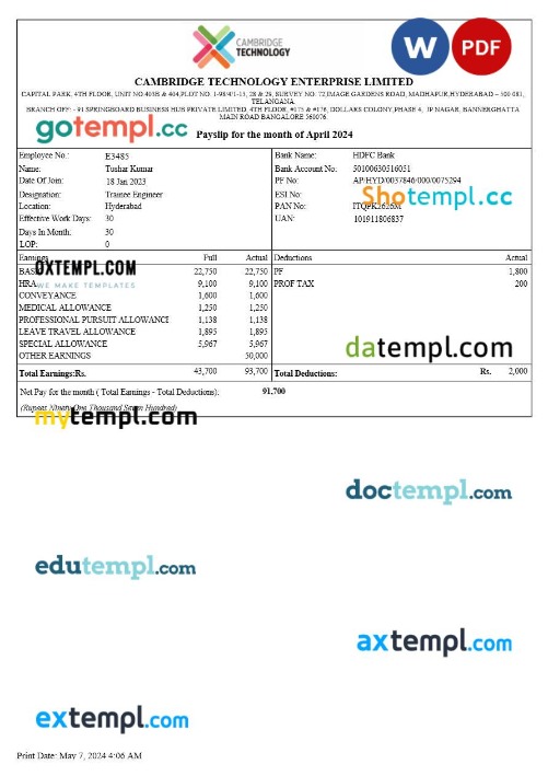 Cambridge Technology Enterprises payslip template in Word and PDF formats